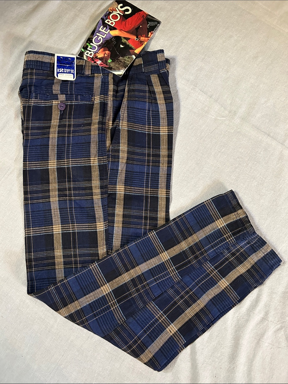 Bugle Boys 100% Cotton Plaid Pleated Boys Trousers in Navy and Tan